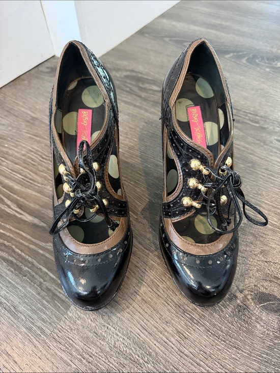 Betsey Johnson Shoes - Betsey Johnson Black Patent & Brown Trim Lace-Up Heels